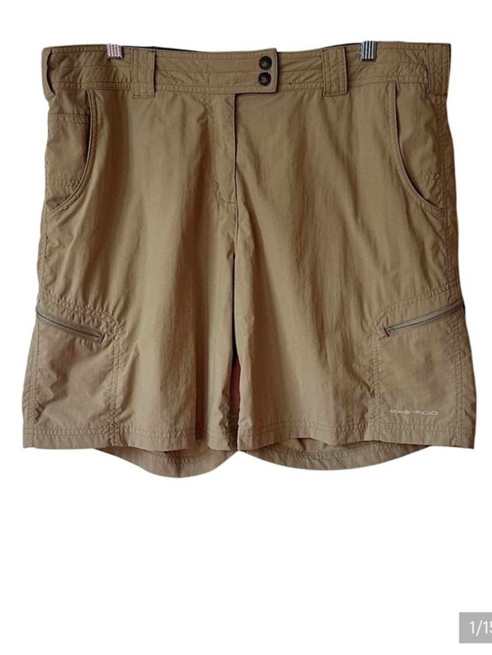 Exofficio Women’s Nylon Cargo Shorts Tan Zip Pockets 14 Outdoor Hiking